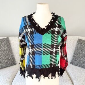 S M Colorful Plaid V-Neck Sweater distressed